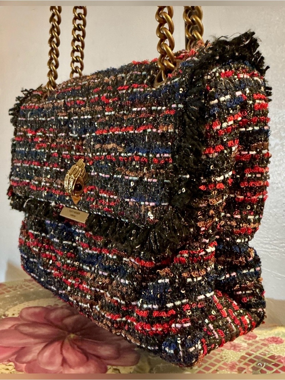 Kurt Geiger Kensington Tweed Shoulder Bag with Gold Chain - Black & Red EUC - Picture 8 of 15
